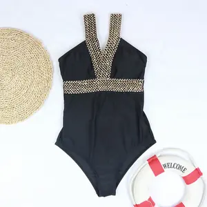 JSN71028 Jumpsuit bersabuk produsen pakaian renang Bikini satu potong pakaian renang penjualan laris leher silang padat untuk pakaian olahraga Bikini wanita