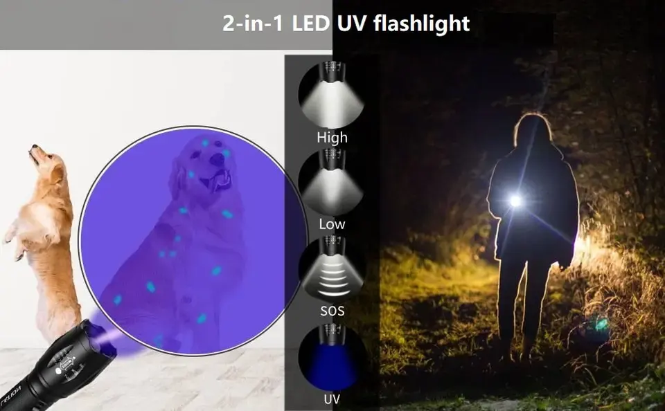 10w 충전식 2-in-1 소변 감지기 블랙 라이트 스콜피온 395-400nm LED UV 손전등 자외선 토치 줌