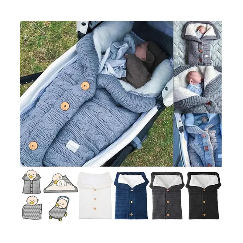 Nouveau-né Wrap Swaddle Couverture Bouton Chaud Épaissir Tricot Bébé Sac De Couchage En Plein Air