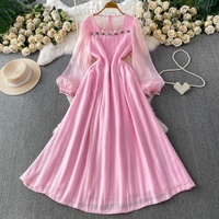 Robe midi élégante pour femmes WIWT, rose, coupe évasée, manches longues, décorée de strass, décontractée, pour tous les jours, les fêtes, les vacances, robes décontractées