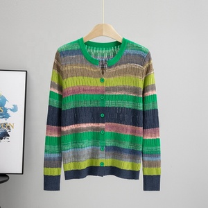 Cárdigan de punto colorido - Estilo europeo, camisa de aire acondicionado para primavera y verano, top a rayas calado - Product Image 3
