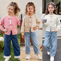 Cardigan en tricot uni avec nœud papillon pour fille, style décontracté et mignon, veste ouverte sur le devant pour enfants, vente en gros