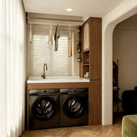 Armoire de buanderie en bois sur mesure pour balcon, avec lave-linge et sèche-linge intégrés, évier et rangement pour usage domestique