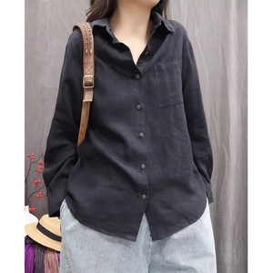 Women's Cotton Linen Long Sleeve Shirt Red Loose Fit Vintage Casual Blouse Everyday Wear ZY-693 - Product Image 3