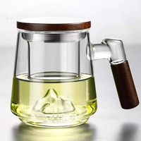 Tasse en verre transparente en gros, sans BPA, sans plomb, en verre borosilicate de haute qualité, avec poignée en bois, couvercle et infuseur en forme de montagne