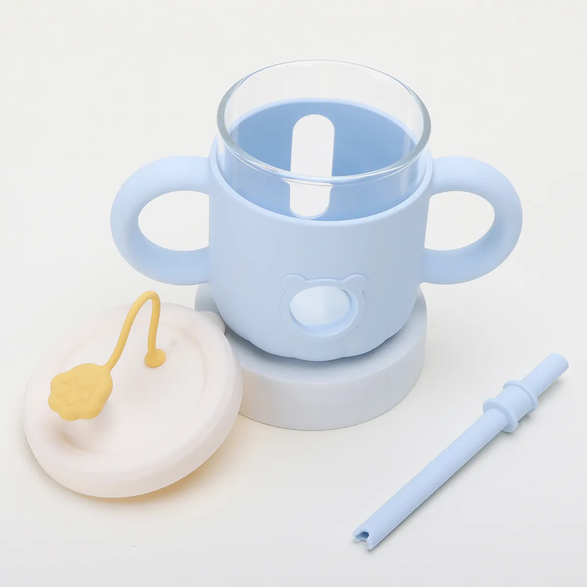 우유 유리 컵 유출 방지 시피 컵 뚜껑과 빨대가있는 실리콘 슬리브와 아기 우유 식수 병