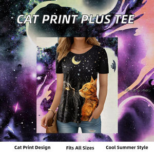 เสื้อยืดผู้หญิงไซส์ใหญ่ลายการ์ตูนถักนิตติ้งพร้อมลายพิมพ์แมวดำ 3 มิติ แขนสั้น คอกลม แฟชั่นฤดูร้อนสุดฮา - Product Image 2