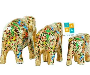Papel maché elefante familia conjunto de 3 elefante kashmiri a mano de papel maché, escultura animal,