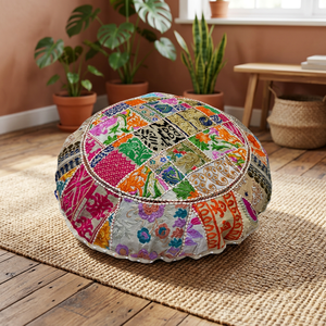 Handcrafted Cotton <b>Round</b> Floor <b>Cushion</b> with Orange Multicolor Patchwork Embroidery Decorative Floor Seating <b>Cushion</b> for Home - Product Image 2