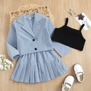 Conjunto de ropa de abrigo para niñas, uniforme escolar de manga larga, Chaqueta con botones, camisetas sin mangas, Falda plisada, otoño 2021, 3 uds.