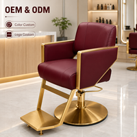 Fauteuil de Barbier Personnalisé OEM/ODM en Cuir Rouge Vin avec Base Ronde en Métal Doré – Mobilier Professionnel pour Salon de Coiffure