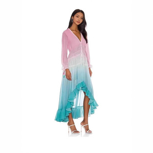 Women's Gradient Long Sleeve Deep V Neck <b>Dress</b> <b>Elastic</b> Waist Breathable Casual Leisure Skirt Fashion <b>Dress</b> - Product Image 4