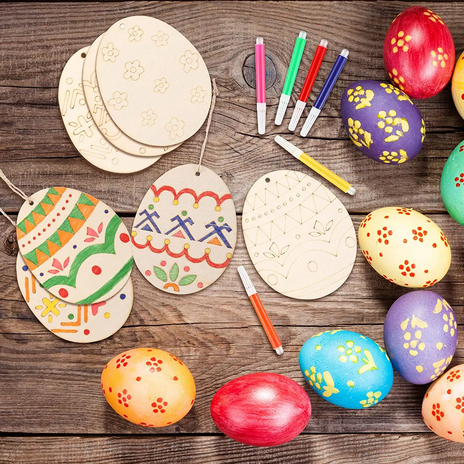 Set di ornamenti per fette di legno di uova di pasqua, artigianato a forma di uovo in legno fai-da-te decorazioni appese con corda per forniture per feste pasquali