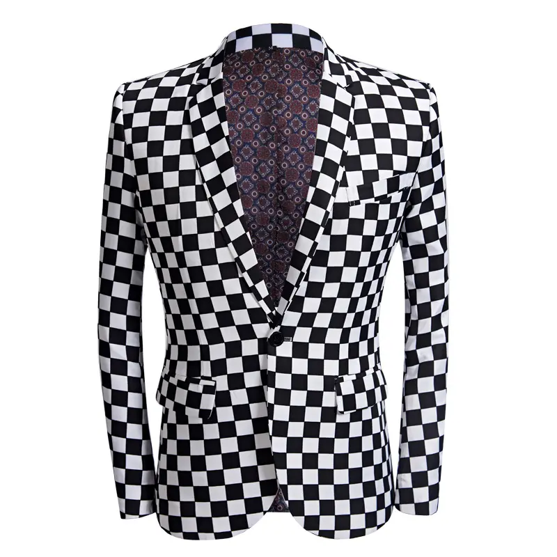 Sıcak satış erkek siyah ve beyaz damalı baskılı Suit erkekler Slim Fit Suit Set Blazers şarkıcı kostüm Mariage rahat gece parti
