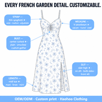 Robe midi pour femme, personnalisée, à imprimé floral, à bretelles spaghetti, col en V, froncée, coupe trapèze, avec fente cuisse, été, fabricant OEM, vente en gros