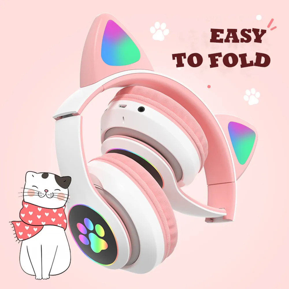 Hot Sale Wireless Dynamic Earphone STN-28 Cat Ear Headphone with LED display Headphone with Mic AUX IN TF Card MP3 Player