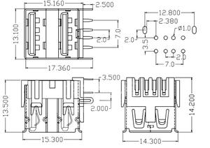 Connecteur femelle USB 2.0 Type-A double port, 90 °   Support horizontal avec conception à broche droite et isolateur blanc - Product Image 5