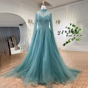 Serena collina arabica turchese una linea di perline abiti da sera Dubai con maniche a mantello abiti per 2024 per feste LA72199 su misura - Product Image 5