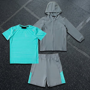 Ensemble sportif 3 pièces pour garçons : veste à capuche, short et t-shirt gris-vert, séchage rapide, léger, en polyester, pour l'été, vêtements de sport pour enfants - Product Image 5