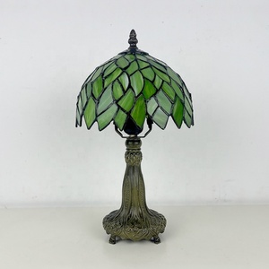 LongHuiJing 8 Inch Tiffany Lamp Stained Glass Bedside Table Lamp Leaf Green Style Reading Table Lamp - Product Image 4