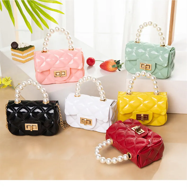 Mini Candy Jelly sling crossbody Shoulder Bag with Pearl handle,Fashion Luxury Chain Purses and Handbag Jelly Bag for kids women