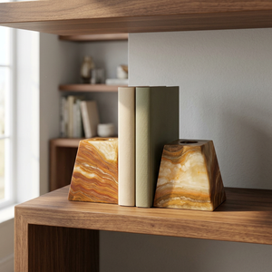 Juego de 2 sujetalibros trapezoidales de ónix natural, hechos a mano, con forma de cuña, soporte de piedra para libros con soporte para vela, venta al por mayor, logotipo personalizado - Product Image 2