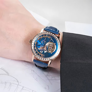 Montre mécanique automatique NH38 pour homme, lunette sertie de diamants, chiffres romains, cadran bleu, design squelette, montre-bracelet haut de gamme SM1185 - Product Image 4