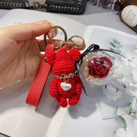Porte-clés ours brillant tricoté à la main, de luxe, en fleur naturelle, pour femmes, sac à lanière, breloques de cadeau de Couple, livraison gratuite