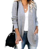 Cardigan en tricot pour femme en polyester acrylique uni décontracté à col en V long avec poches