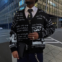 Pull cardigan à lettres imprimées de style américain pour hommes, mode de rue décontractée, col en V, manches régulières, veste en tricot 100% polyester