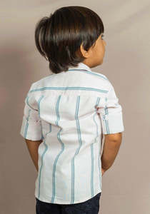 Camisa de Algodón a Rayas Blancas para Niños, Manga Corta, Estilo Casual Elegante, Cómoda, Transpirable, para Fiestas y Uso Diario - Product Image 2