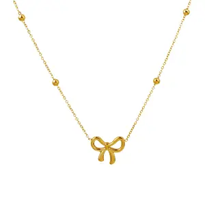 Colar de pingente de arco e pingente de corrente de aço inoxidável banhado a ouro 18K simples e versátil luz luxuosa Bowknot