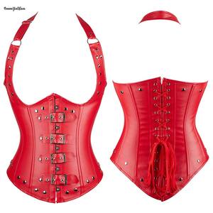 Punk Style Vest Steam <strong>Cupless</strong> Bustier Red Leather Halterneck Underbust <strong>Corset</strong> Tops for Women - Product Image 1