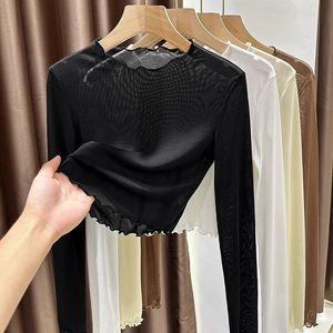 1pcs Spring Autumn Sexy Women T Shirt <strong>See</strong> <strong>Through</strong> Transparent Mesh Lace <strong>Tops</strong> Long Sleeve Sheer Slim Ladies Round-neck T-shirt - Product Image 3