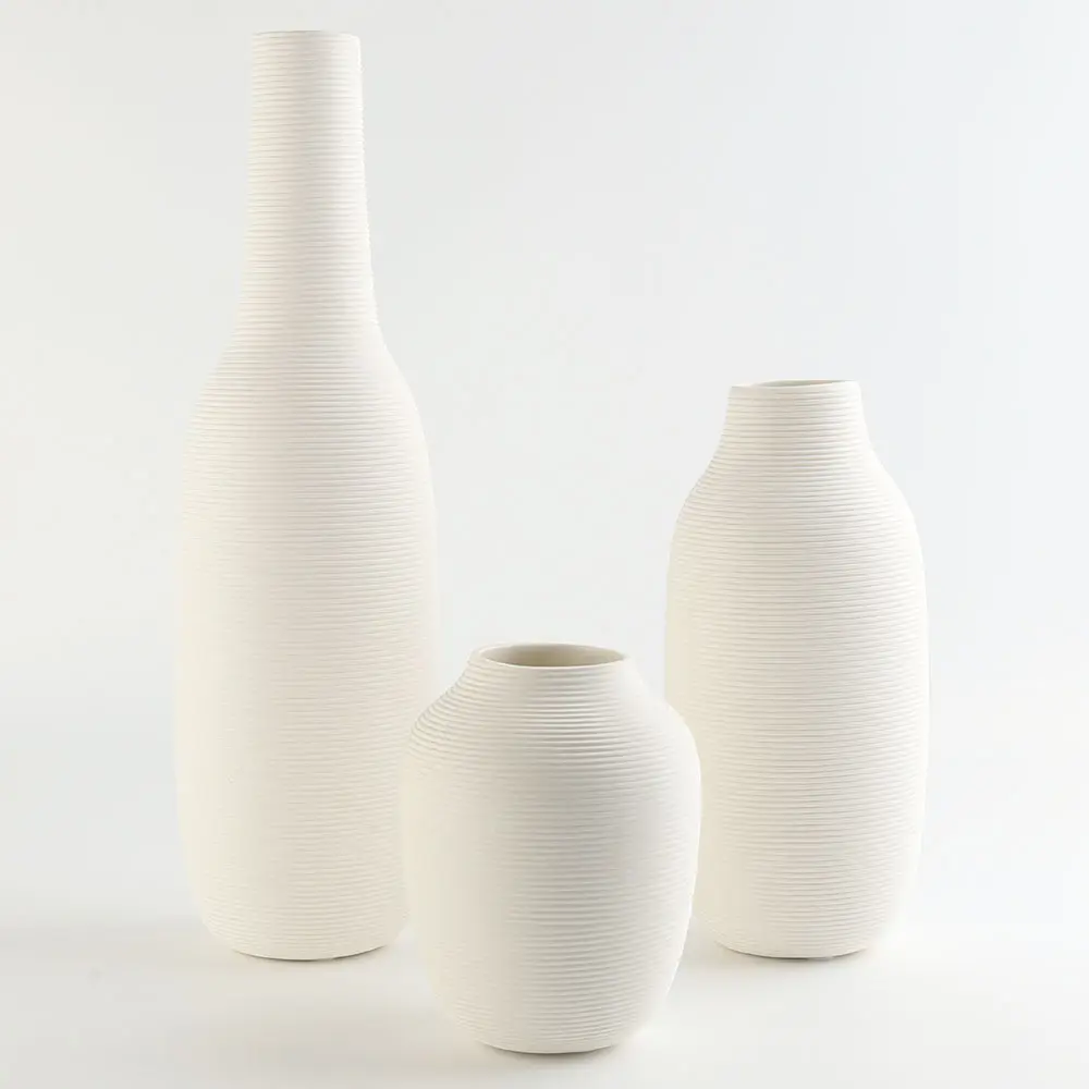 Vases à fleurs de table en céramique et grès blanc à lignes gaufrées