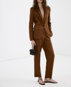 Women's <b>Brown</b> <b>Wool</b> Blazer Notched Collar Single Button Full Sleeve Solid Color Anti-Wrinkle Autumn Business Casual Jacket - Product Image 2