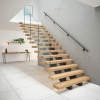 Escalier flottant moderne en chêne massif de 100 mm d'épaisseur avec garde-corps en verre pour appartement de haute qualité, escalier cantilever pour cuisine