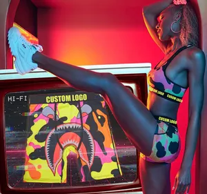 Custom jacquard logo Workout Womens Sports Bra And Panty Shorts Bra Underwear Set