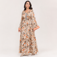 Nouvelle arrivée Robe longue ample à col en V, imprimé floral, manches longues, poignets contrastés, ceinture à nouer à la taille |   Abaya musulmane quotidienne, robe islamique modeste
