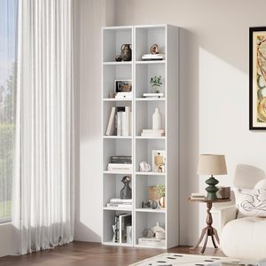 Libreria Nordivale Moderna in Legno Bianco, Alta e Stretta, con 6 Ripiani Cubici per <span class=keywords><strong>Soggiorno</strong></span>, Camera da Letto, Ufficio e <span class=keywords><strong>Studio</strong></span> - Product Image 2