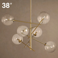 Lustre vintage rond en verre de 38 pouces, style « haricot magique », avec 6 boules de verre transparentes, idéal pour îlot de cuisine américain ou restaurant rétro