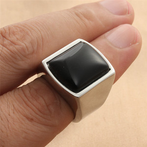 yunnique <b>Men's</b> Stainless Steel <b>Ring</b> Black Stone Geometric Square Retro Style Gift Jewelry - Product Image 3