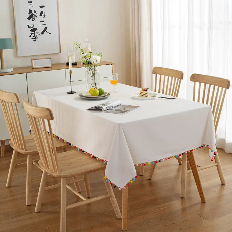 Customized thickened modern simple solid color tablecloth cotton with white tassel colored ball tea table cloth
