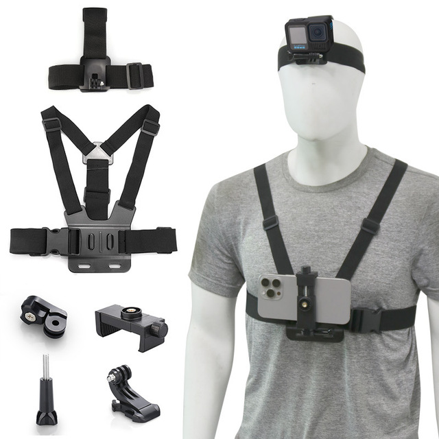 Action Camera Mount Kit for Outdoor Cycling Chest and Head Straps Phone Holder with First-Person View Recording