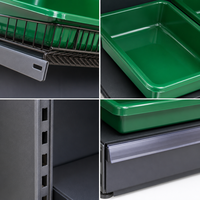 Zware-duty fruit- en groentepresentatie rek met groene bakken + antracietkleurig frame, 5-laags schuin draadrek, zwaartekracht-aangedreven, vrijstaand, voor supermarkten