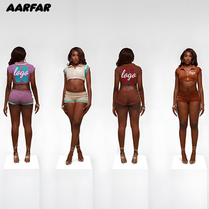 Set di 3 pezzi estivi vestiti per donna 2025 Streetwear giacca a Zip Crop a blocchi di colore e <span class=keywords><strong>pantaloni</strong></span> corti alta ragazza set Friendly - Product Image 4