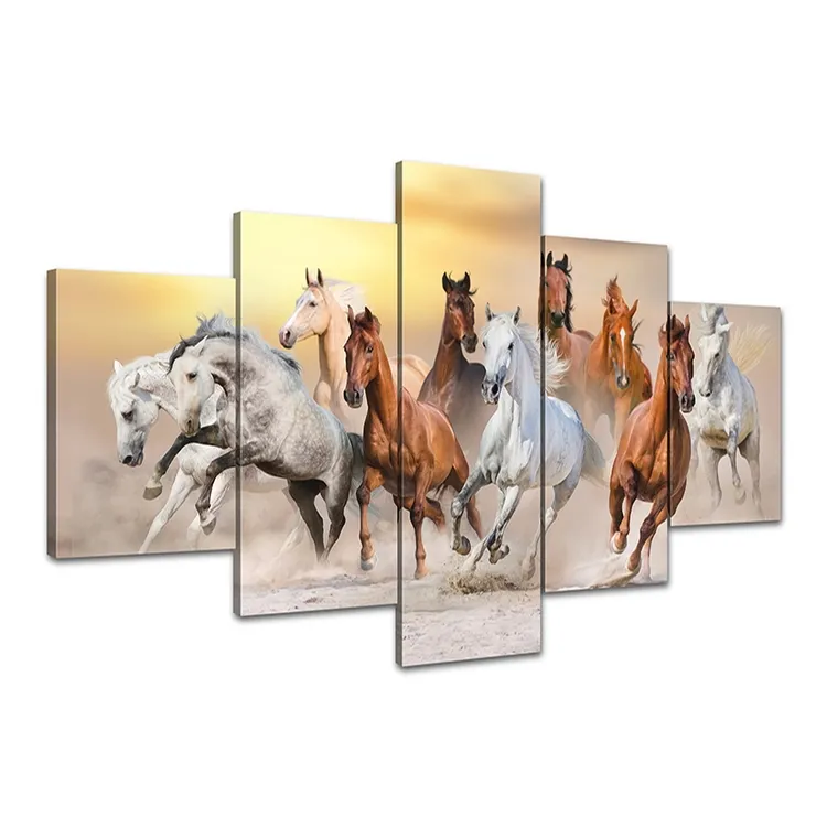 Lukisan Kanvas 5 Potong Tahan Air dan Tahan Lembap, Lukisan Dekoratif Hewan Kuda Berderap