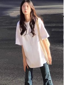 T-shirt da donna oversize in cotone 100% bianco, girocollo, tinta unita, a maniche corte, casual, estiva, nuova collezione - Product Image 2