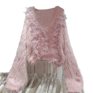 <span class=keywords><strong>Manteau</strong></span> doux en fausse fourrure tricoté style féerique avec fleurs en mohair 3D, col en V, longueur moyenne, coupe ajustée, pour femme enceinte, style vintage - Product Image 5