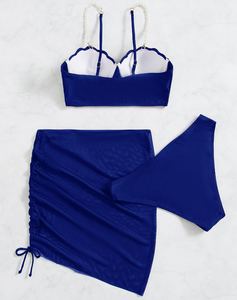 STOCK 12Colors Pearls Shell Shape Top Underwire <strong>Push</strong> <strong>up</strong> <strong>Bikini</strong> and Skirt Women 3Pieces Swimwear Beach Skirt S-XL - Product Image 2